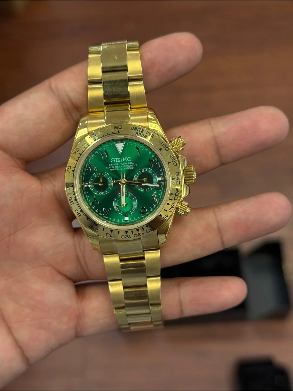 Seiko mod Gold Bracelet Chronograph with Green Dial Arabic Mens watch